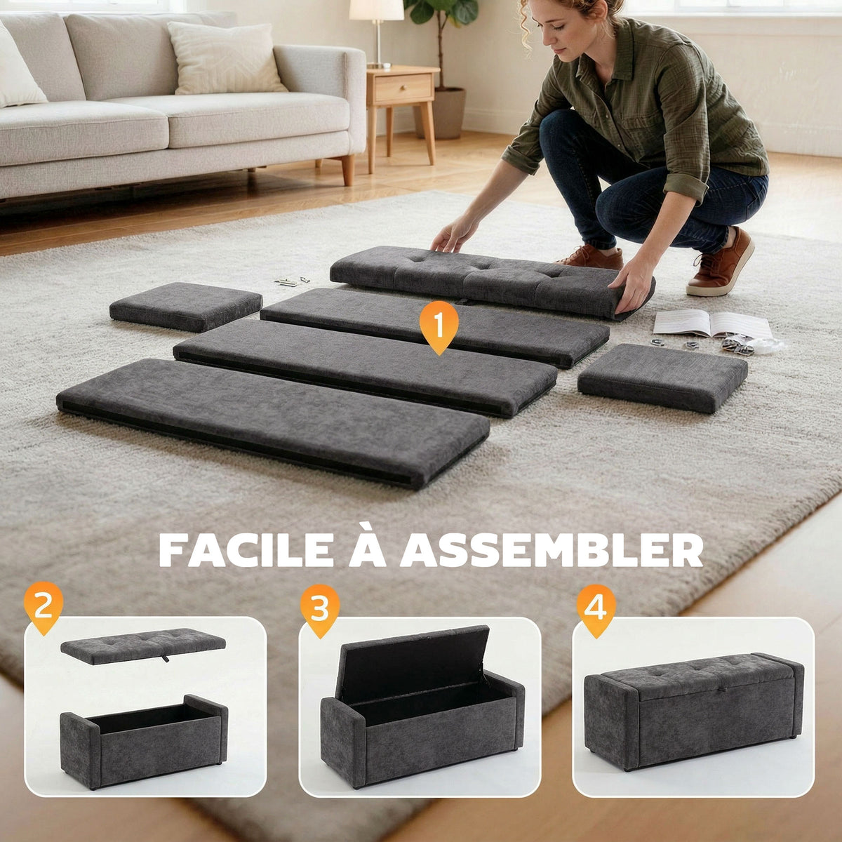 Banc de rangement, bout de lit, repose-pieds rembourré en lin avec assise large, 122 x 48 x 44 cm, gris foncé-7