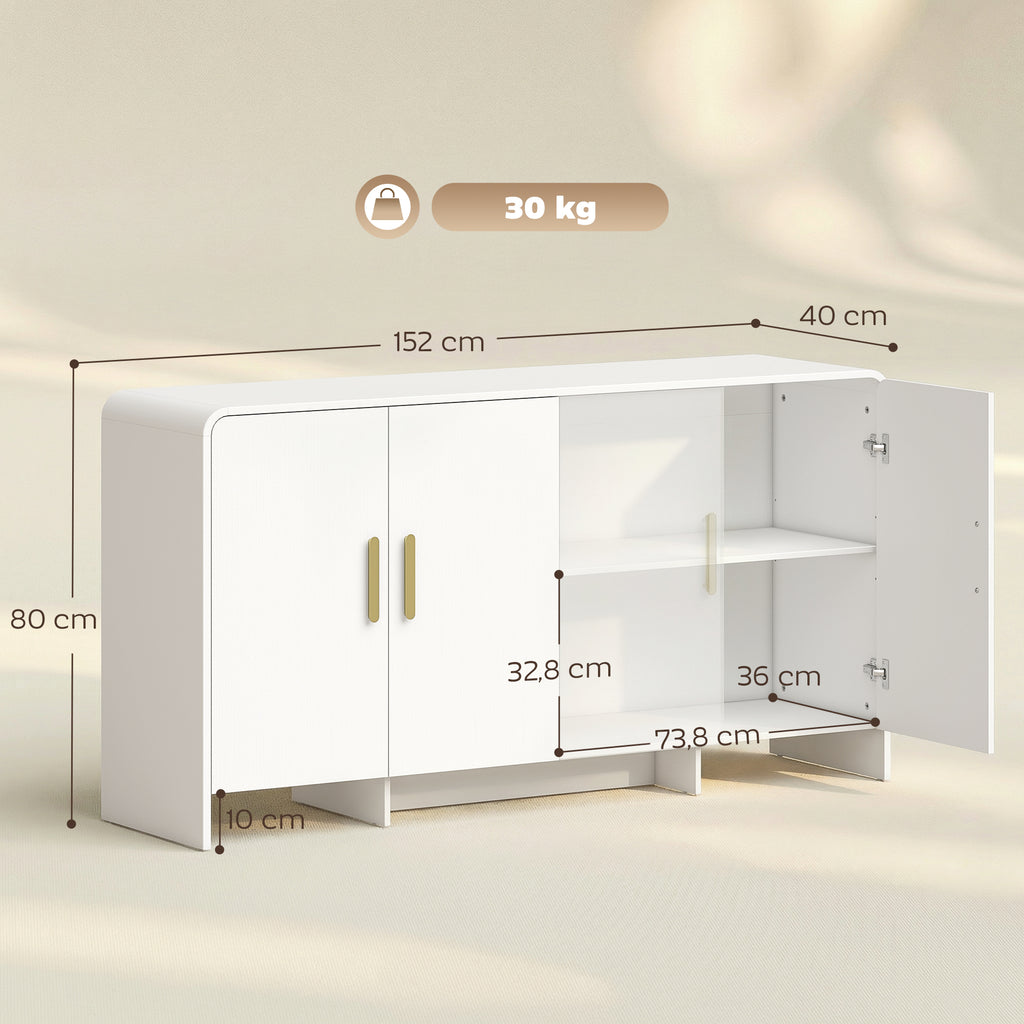 Buffet cuisine, meuble de rangement avec 4 portes à fermeture douce, 4 compartiments et bords arrondis, 152x40x80cm, blanc-2