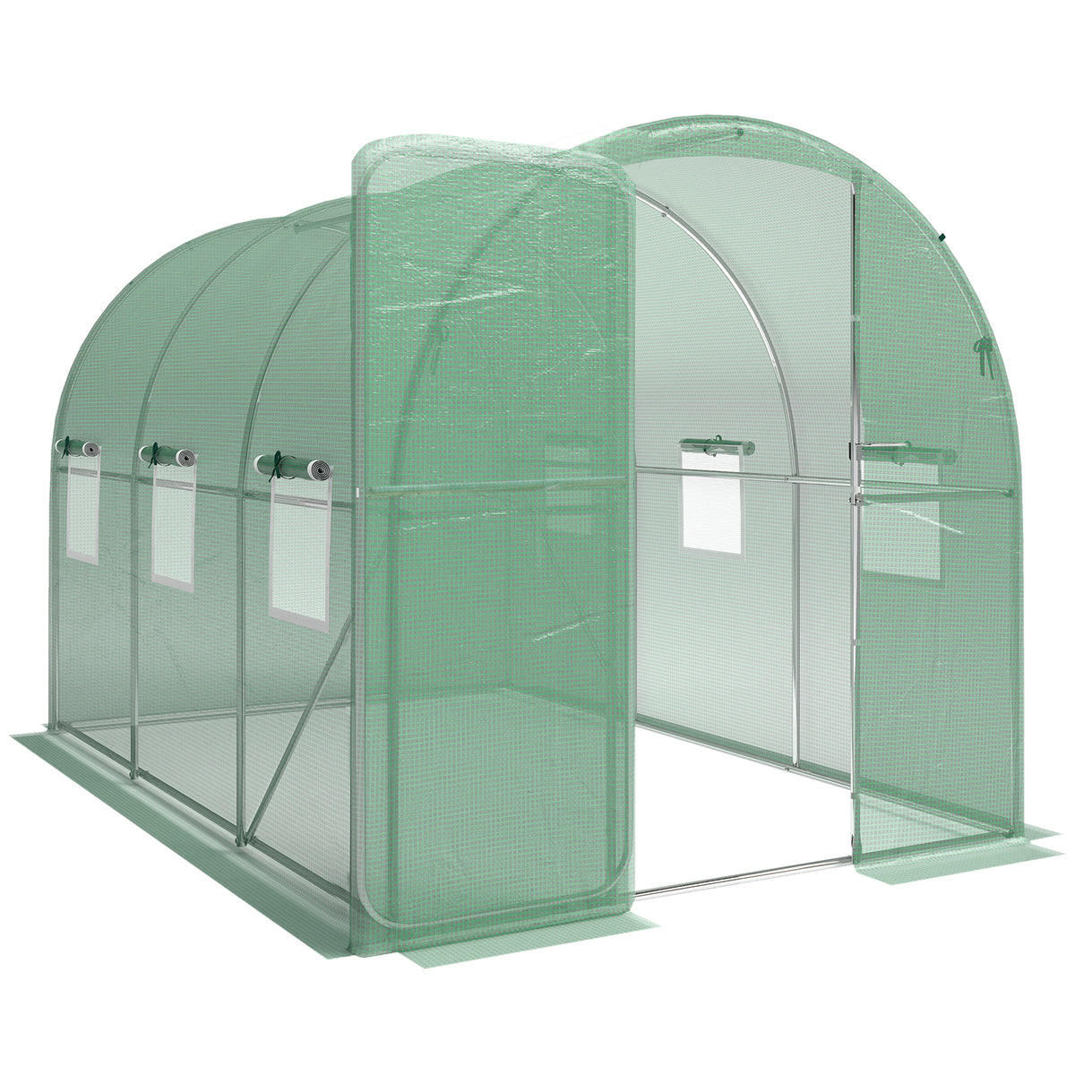 Serre tunnel de jardin 6m², serre de jardin tunnel 200x300x200cm porte et 6 fenêtres, bâche PE 140 g/m² vert-0