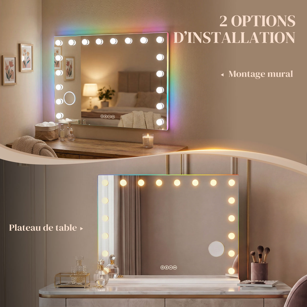 Miroir maquillage Hollywood 18 ampoules LED, 3 couleurs d'éclairage, lumière RGB, haut-parleur Bluetooth, blanc-8