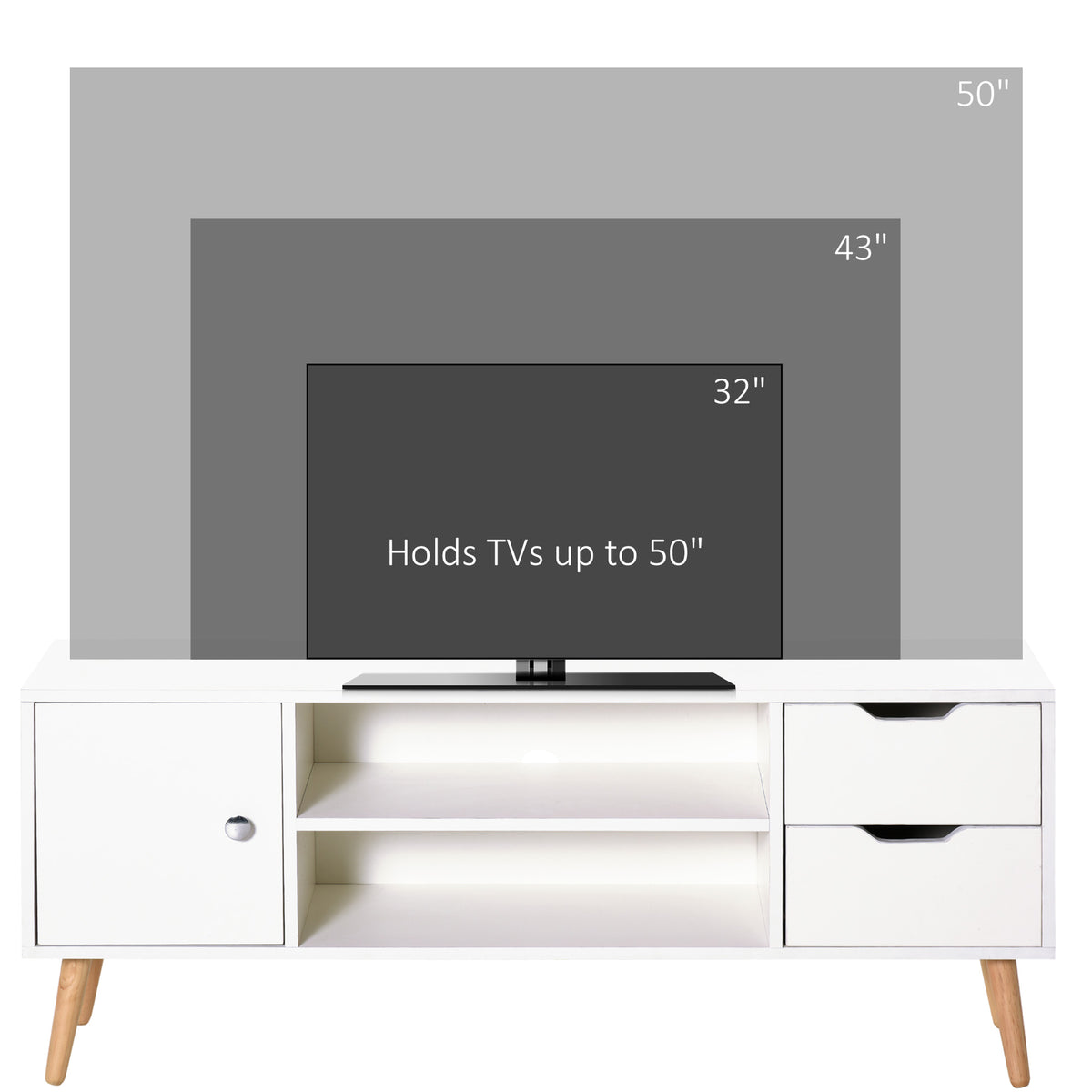 Meuble TV Banc TV Style scandinave Placard 2 niches 2 tiroirs Passe-Fils Panneaux Particules Blanc Bois pin-7