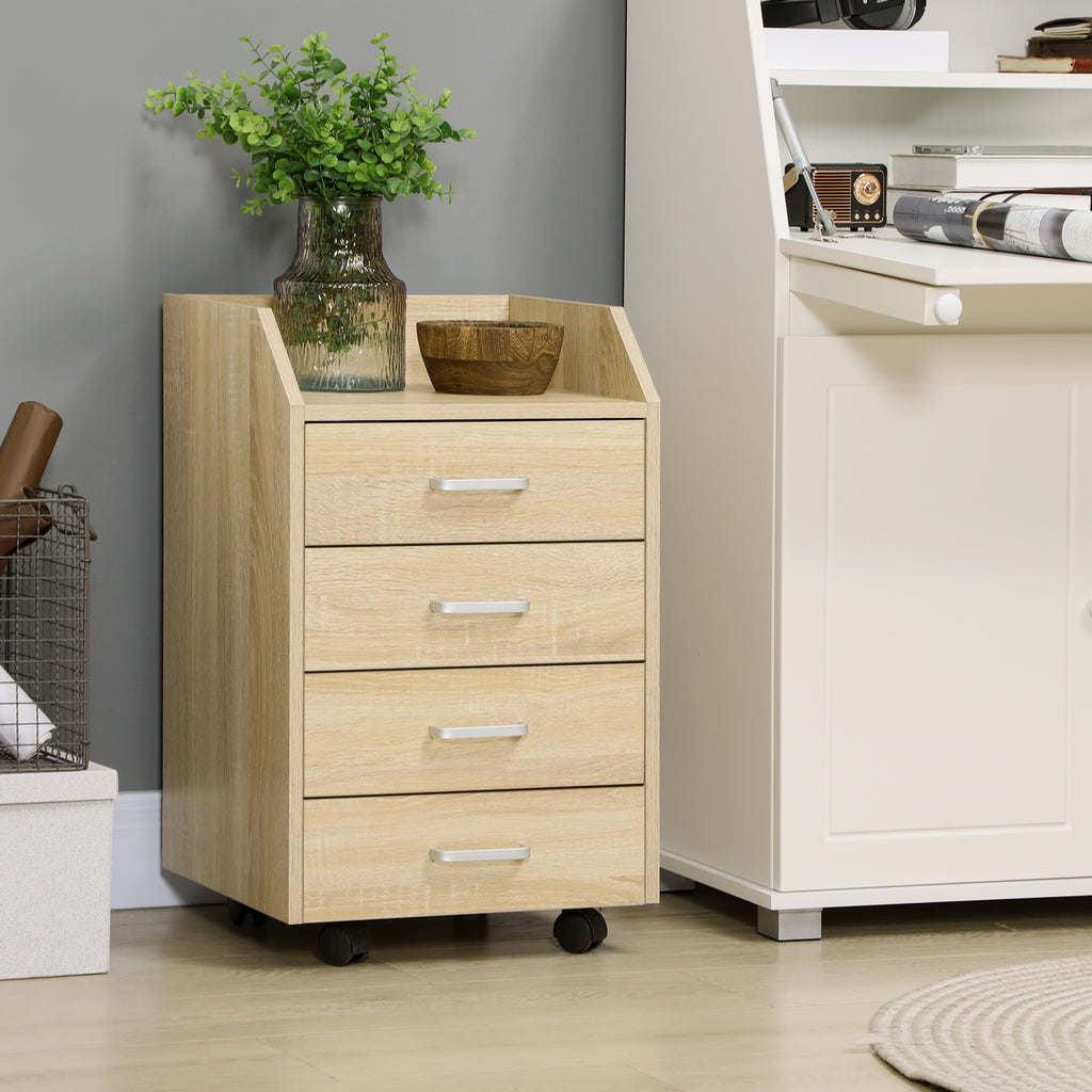 Caisson bureau rangement sur roulettes 4 tiroirs coulissants MDF et panneaux particules 40x36x65cm bois naturel-7