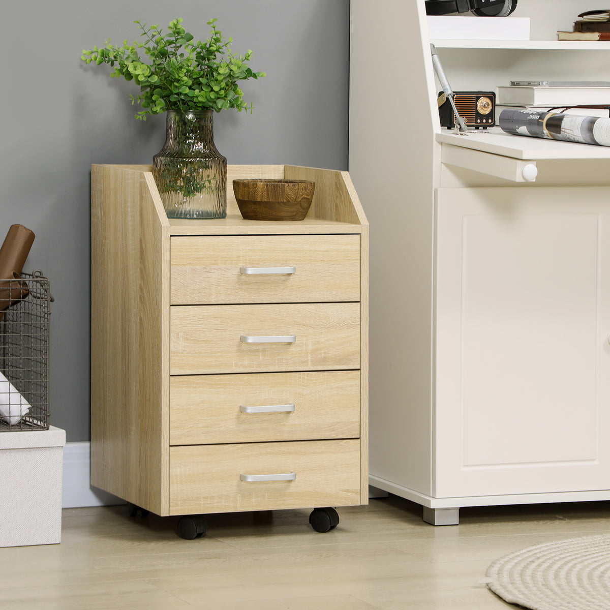 Caisson bureau rangement sur roulettes 4 tiroirs coulissants MDF et panneaux particules 40x36x65cm bois naturel-7