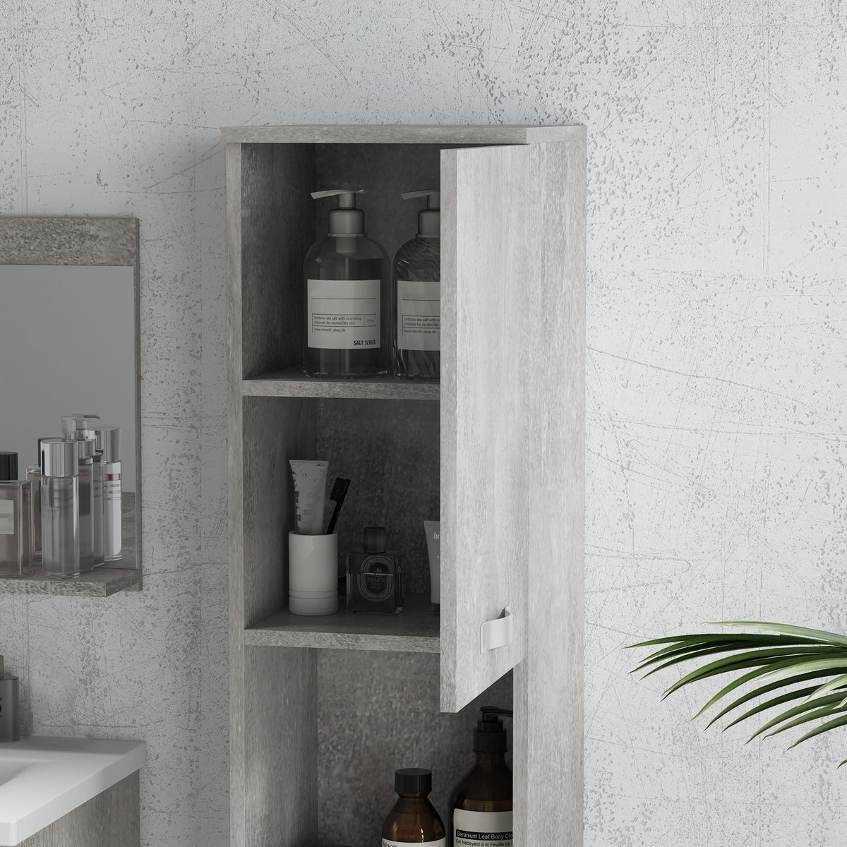 Ensemble de Meubles de Salle de Bain 4 Pièces, Mural, avec Miroir, Meuble sous Vasque, Lavabo et Armoire Haute, gris-7