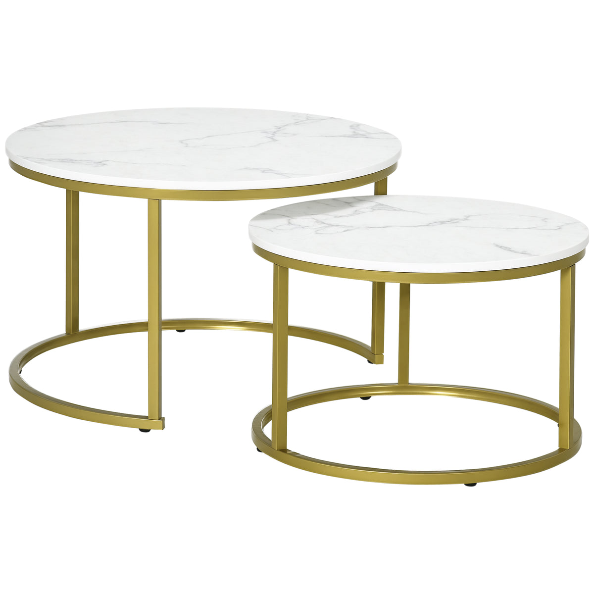 Lot de 2 tables basses gigognes tables rondes plateau aspect marbre et pied en acier Ø 74 x 46,3 cm blanc doré-0