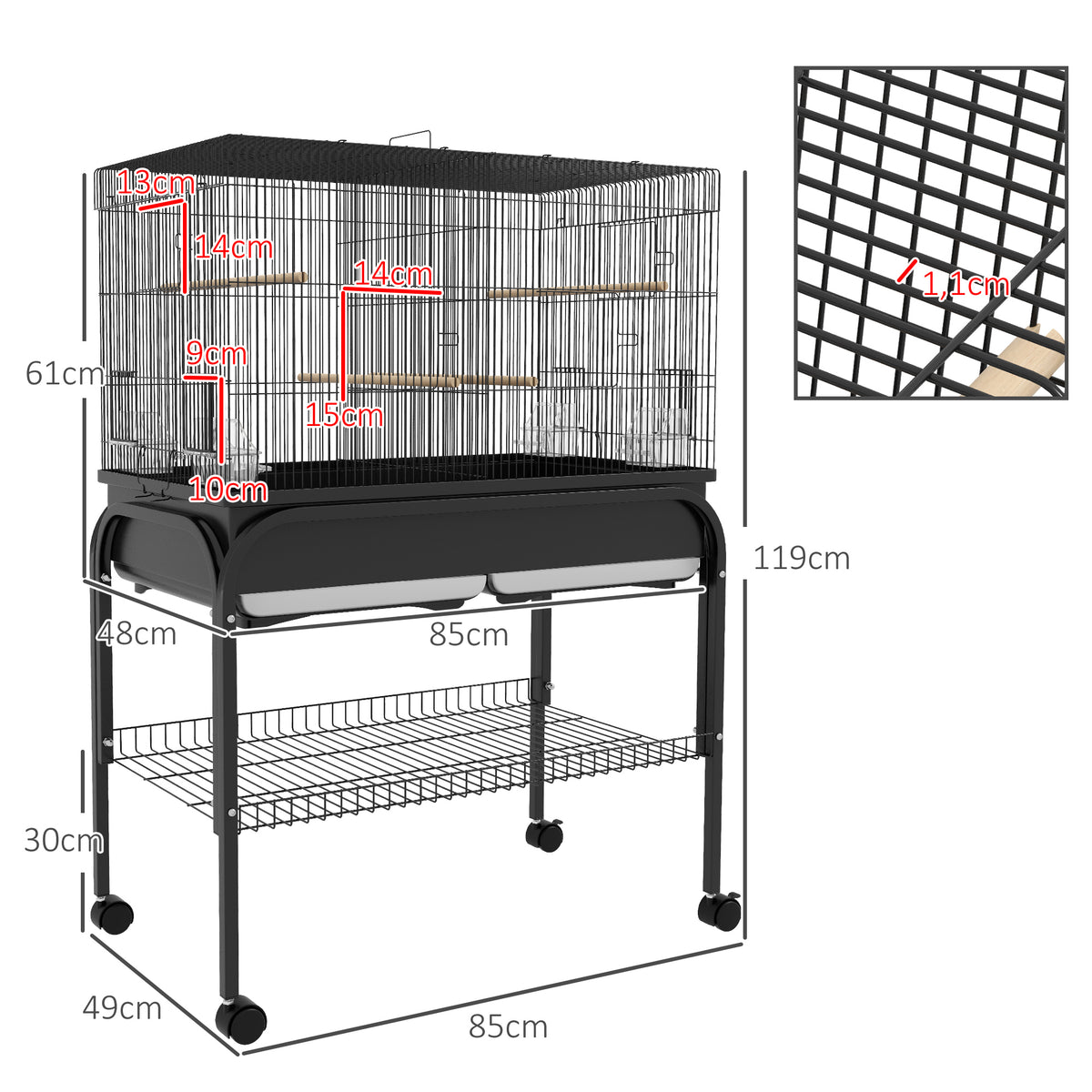 Grand cage oiseaux cage perroquet avec support roulettes pour cacatoès perruche canaris perroquet 85 x 49 x 119 cm noir-2