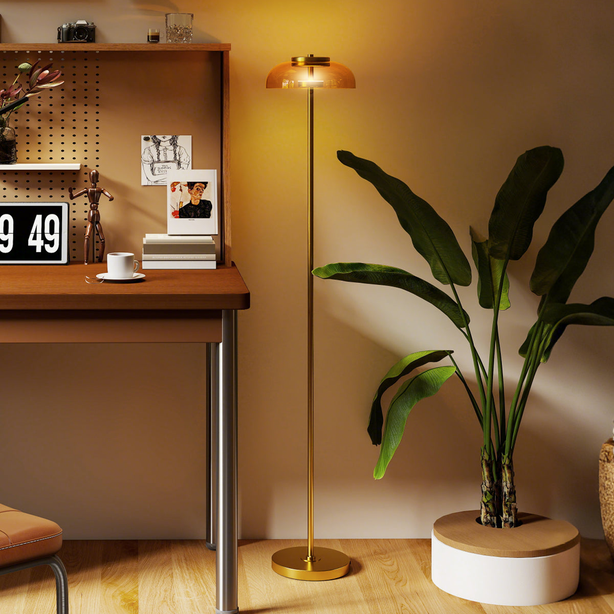 Lampadaire sur pied de salon, lampe salon LED avec lumière chaude 3000 K et interrupteur à pied, Ø25x134cm, ton laiton-1