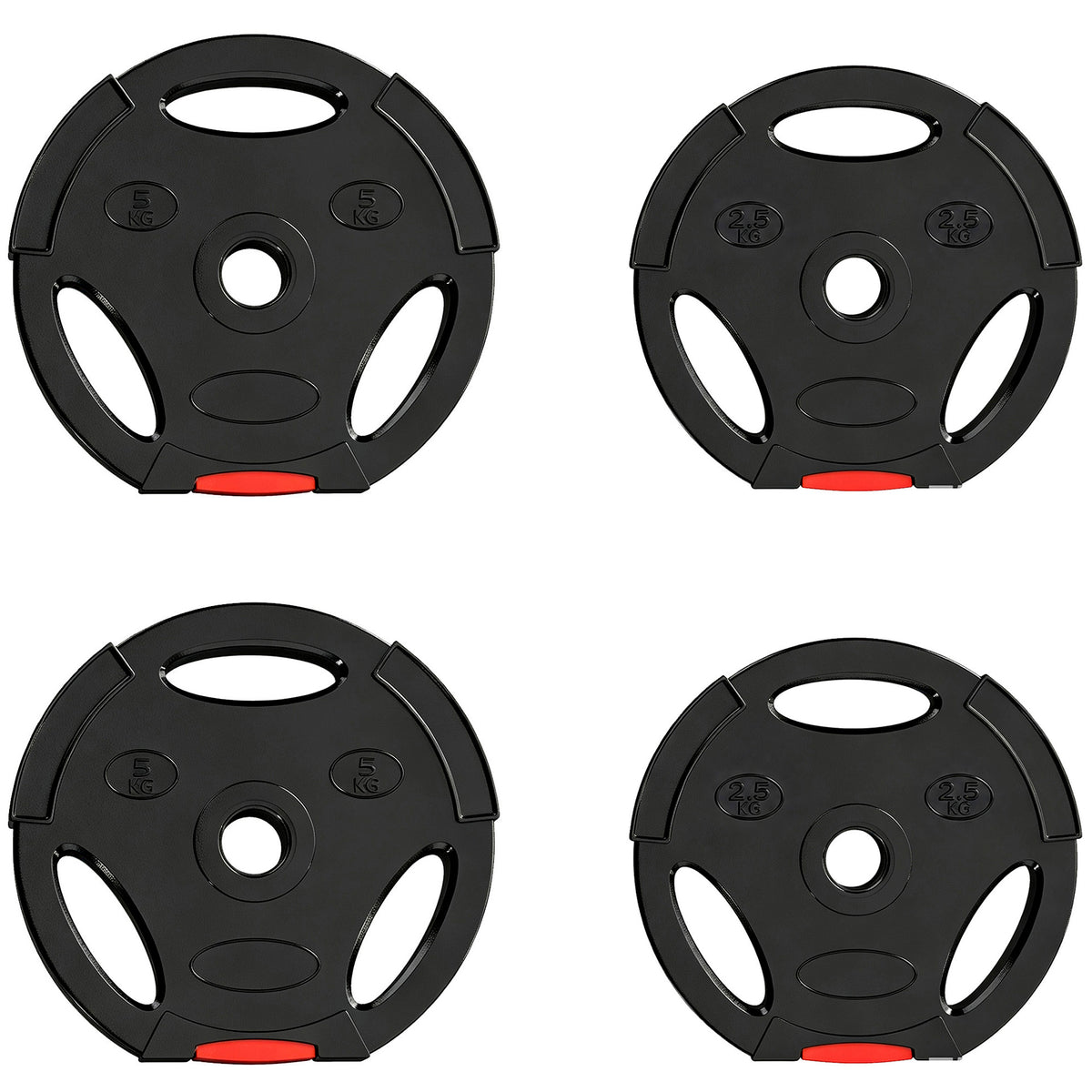 Disques de poids, plaques de poids 2 x 5 kg et 2 x 2,5 kg, à trois poignées avec trous de Ø 25 mm, noir-0