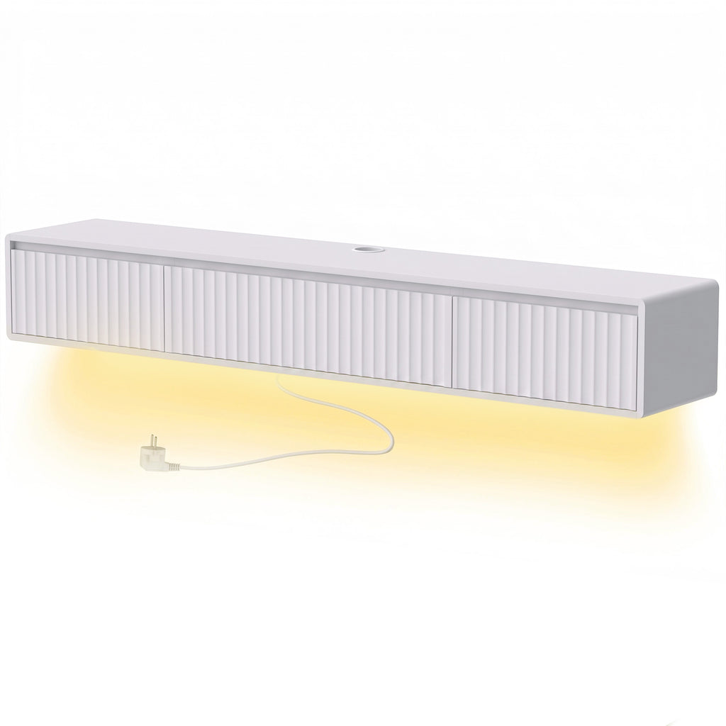 Meuble TV Suspendu Flottant 160 cm avec Éclairage LED et Prises, Meuble Télé pour Téléviseur 72 Pouces, Blanc-0