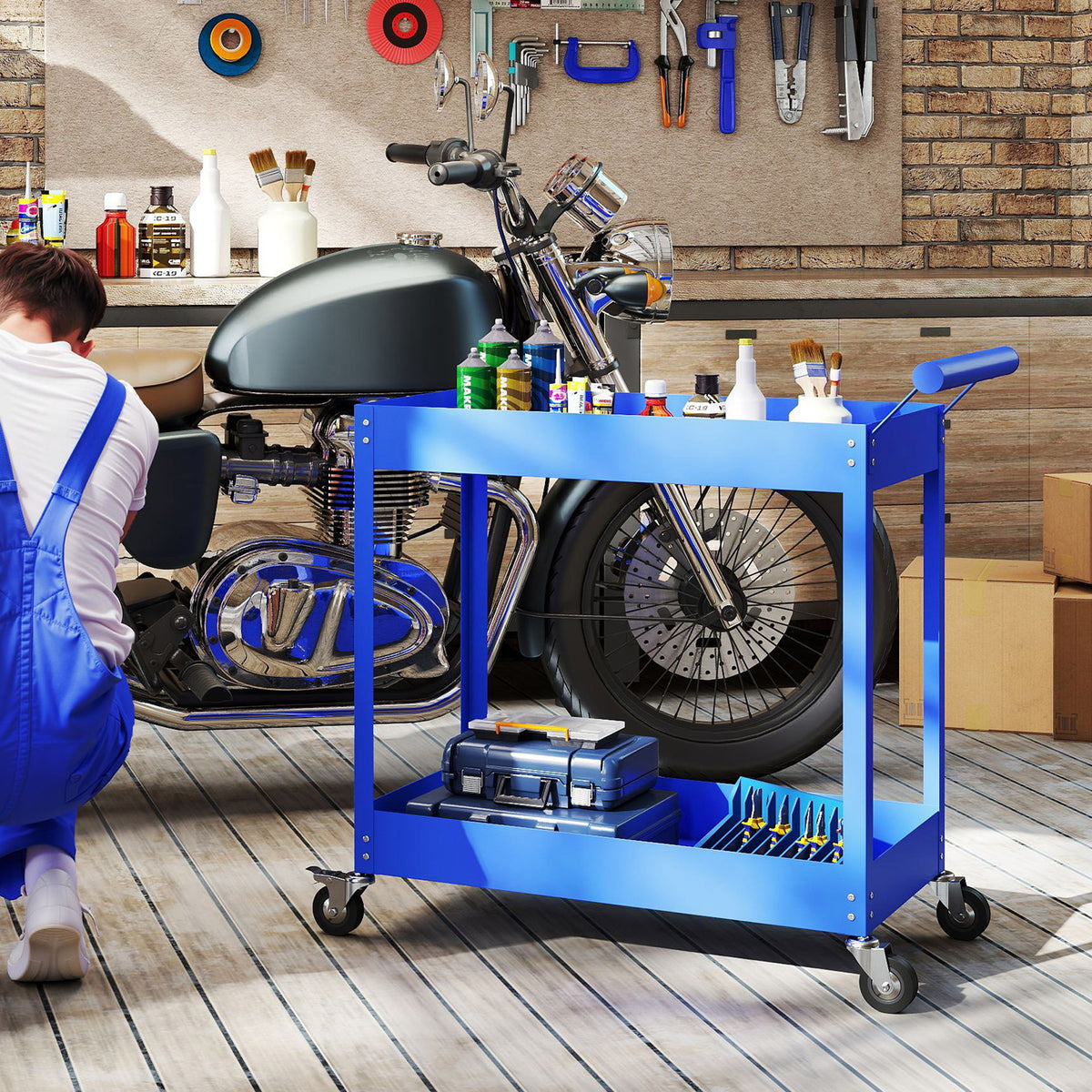 Chariot d'atelier servante atelier à 2 niveaux, poignée latérale et roulettes verrouillables, 84,5x38x84cm, bleu-1