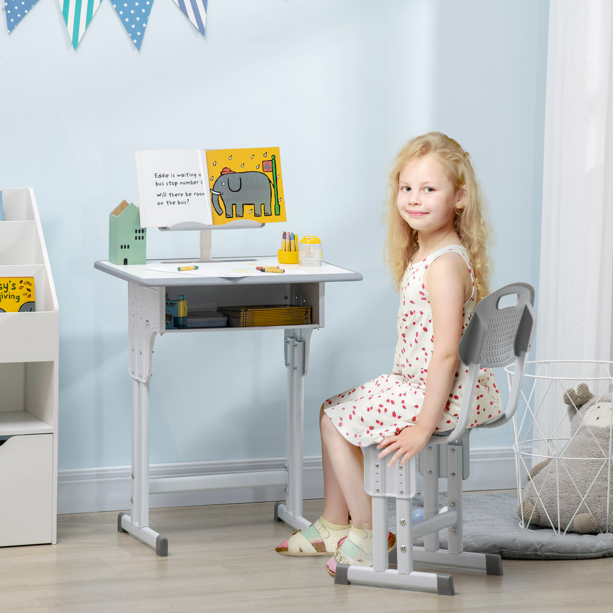 Bureau et chaise pour enfant avec support de lecture casier crochet et porte stylo 60 x 45x 90-102 cm gris-1