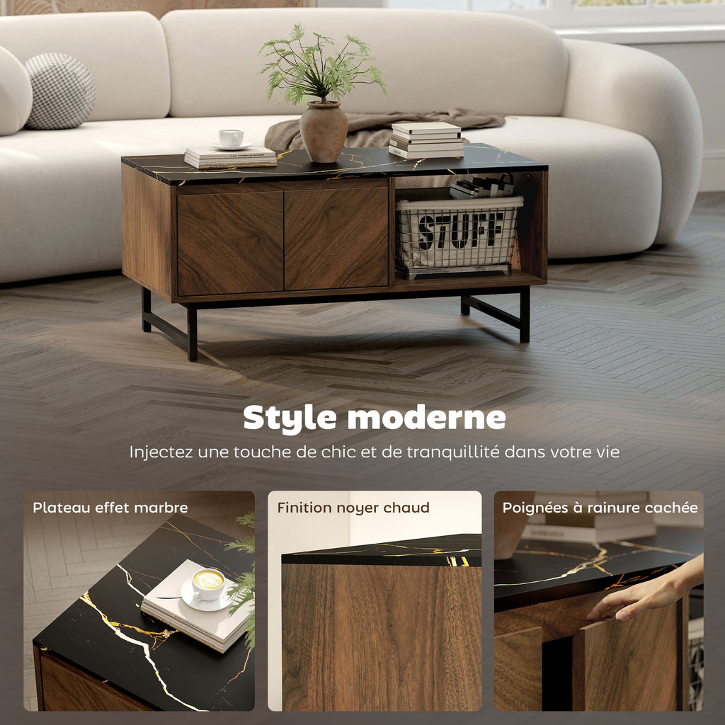 Table basse, table de salon, plateau effet marbre, 2 portes et 2 niches ouvertes, 100 x 50,8 x 45,7 cm, noyer-4