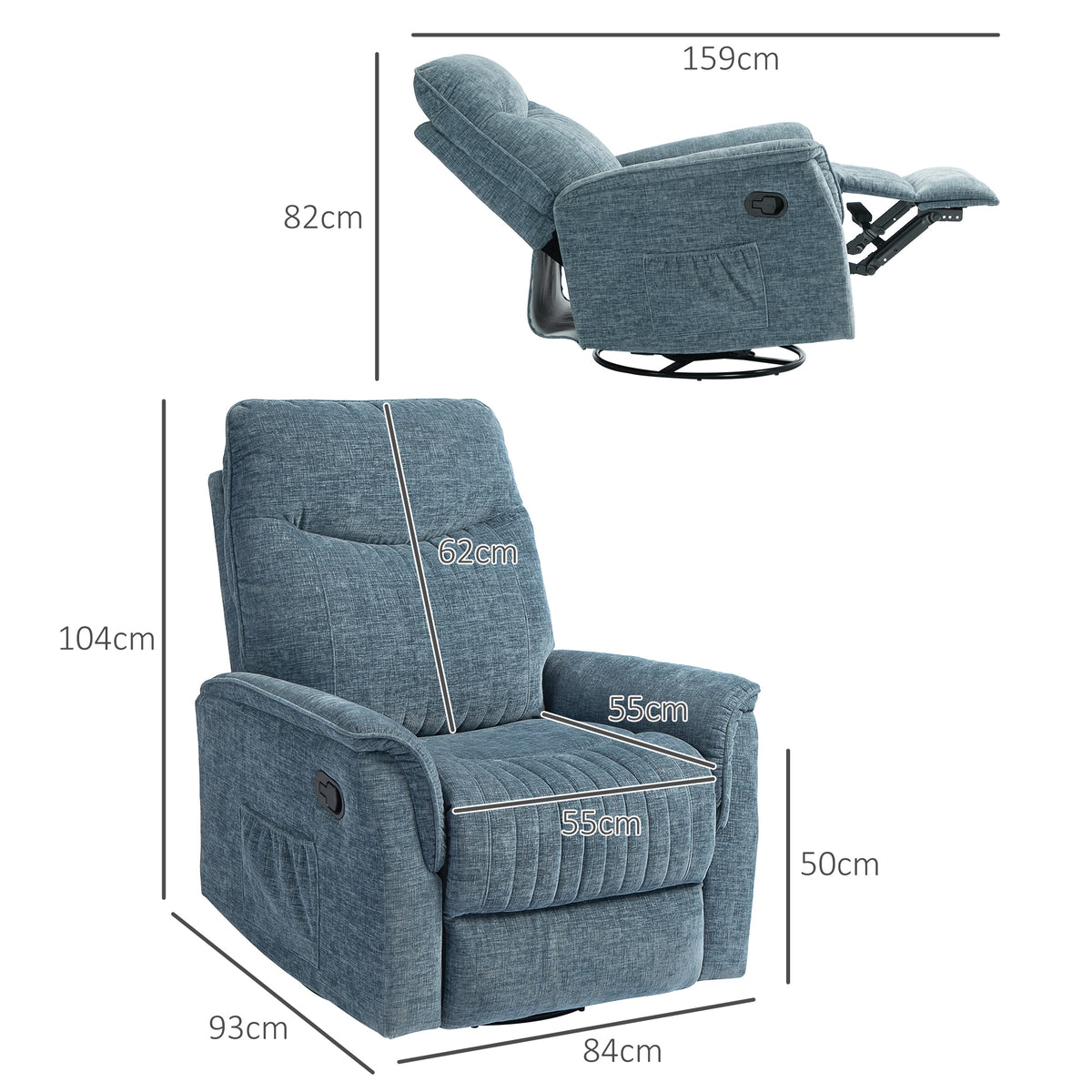 Fauteuil inclinable manuel pivotant avec repose-pieds rétractable, dossier réglable, bleu-2