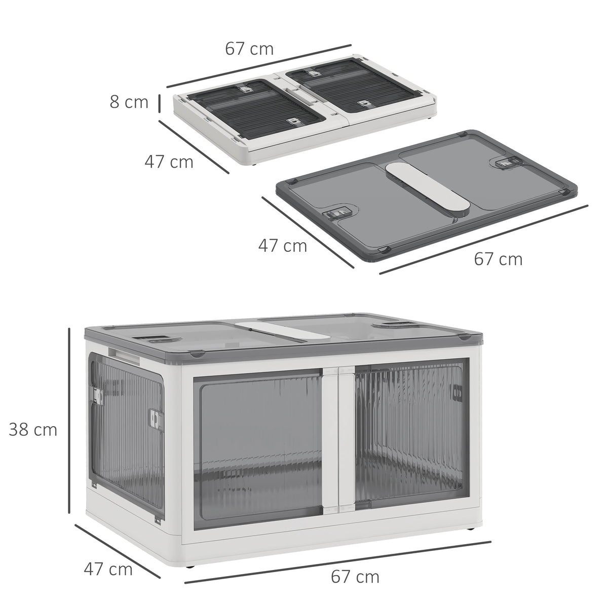 Boîte de rangement pliable et empilable 99L en plastique avec couvercle et 4 roulettes, accès à 5 côtés, blanc-2