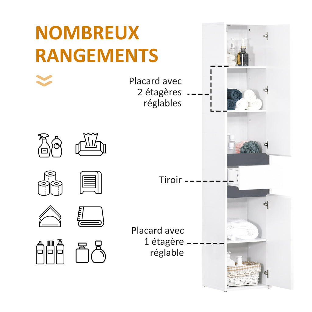 Meuble Colonne Rangement Salle de Bain Style Contemporain 2 placards 3 étagères et tiroir Coulissant Panneaux Particules Blanc-4