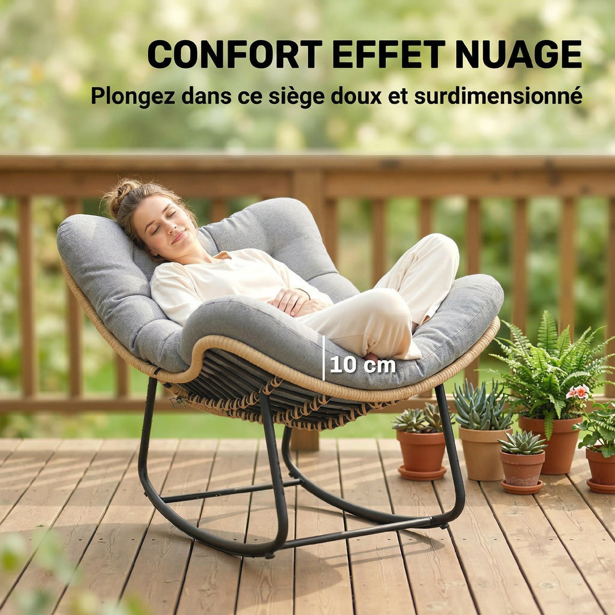 Fauteuil à bascule de jardin pour intérieur et extérieur, rocking chair en résine tressée avec coussin moelleux, gris-3