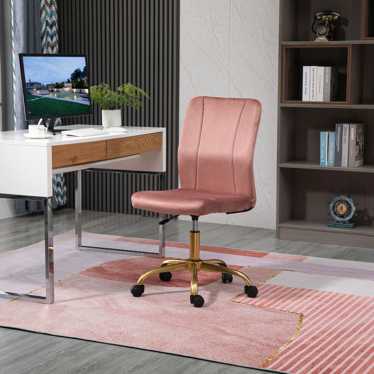 Chaise de bureau fauteuil pivotant 360° ergonomique hauteur réglable revêtement velours  rose et doré-1
