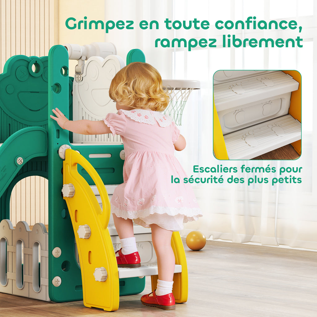 Toboggan pour tout-petits 5 en 1 toboggan autoportant pour enfant avec panier de basket, télescope, 178x70x86cm, jaune-6