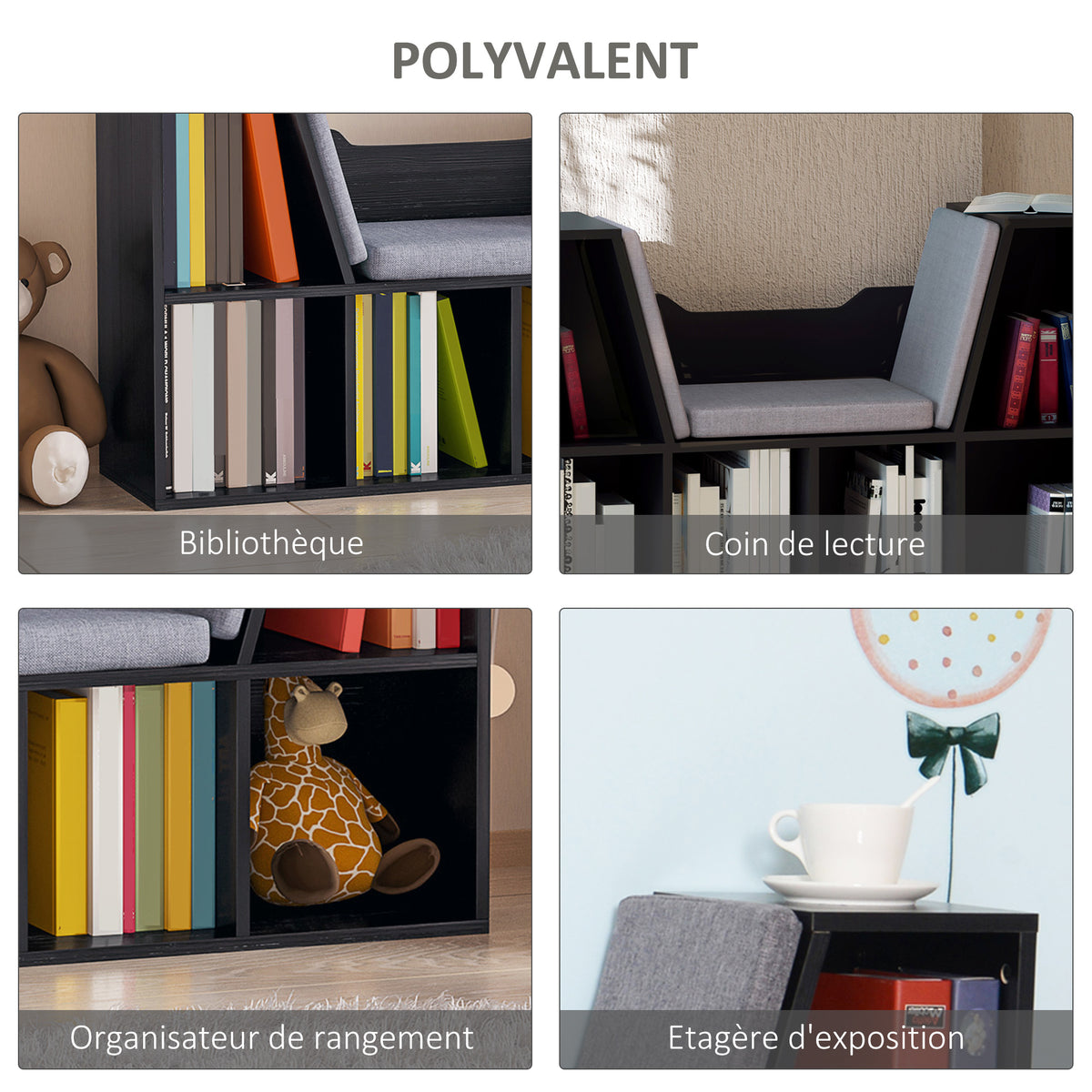 Bibliothèque banc 2 en 1 avec coussins de siège, étagère cube 6 compartiments ouverts et 2 niveaux, meuble de rangement pour salon, chambre à coucher, bureau, 102 x 30 x 61 cm, noir-4
