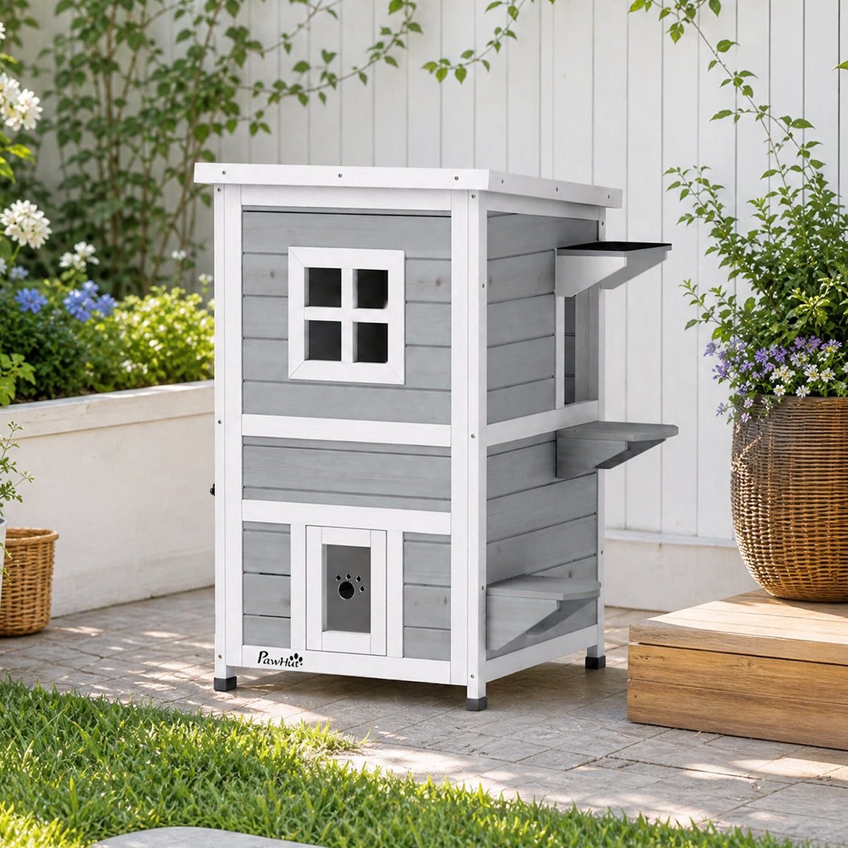 Maisonnette pour chats sur 2 étages en bois intérieur et extérieur toit rabattable 51 x 51 x 81,3 cm blanc et gris-1