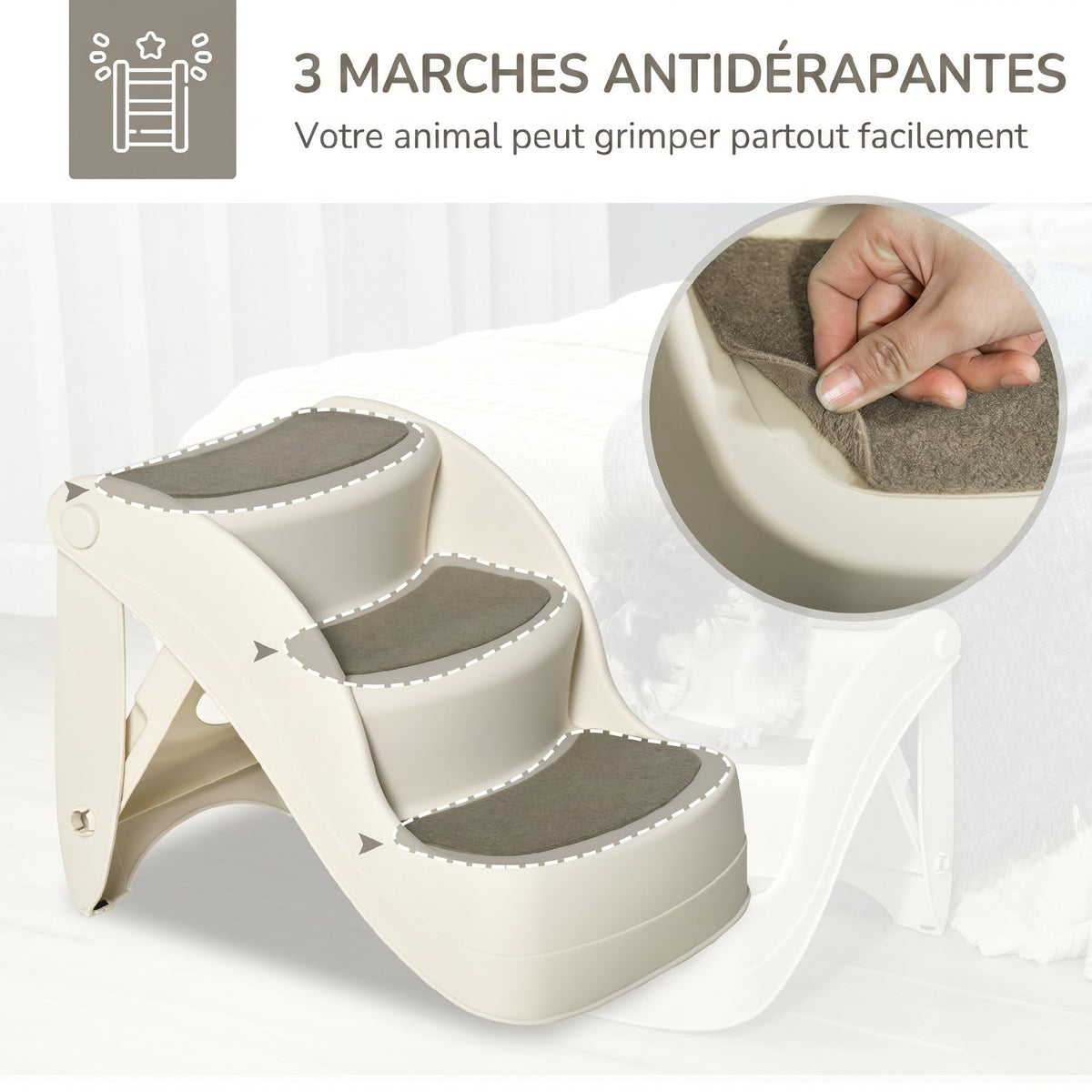 Escalier pour Chien Pliant à 3 Marches Antidérapantes, pour Chiens Âgés, Chiots, Lit, Canapé, 49x38x38cm, Crème-3
