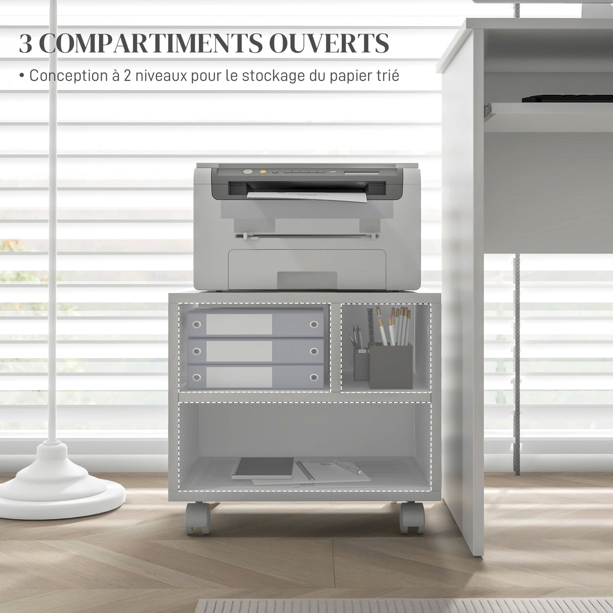 Support d'imprimante meuble de rangement bureau caisson 4 compartiments ouverts 40L x 30l x 36H cm blanc-3
