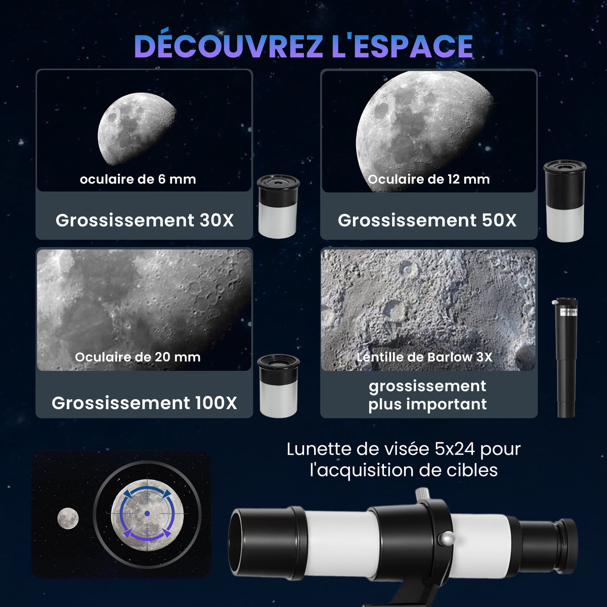 Télescope Astronomique 70 mm, Télescope Réfracteur 100X/50X/30X avec 3 Oculaires, Monture AZ 300 mm, 76x76x133cm, Blanc-4