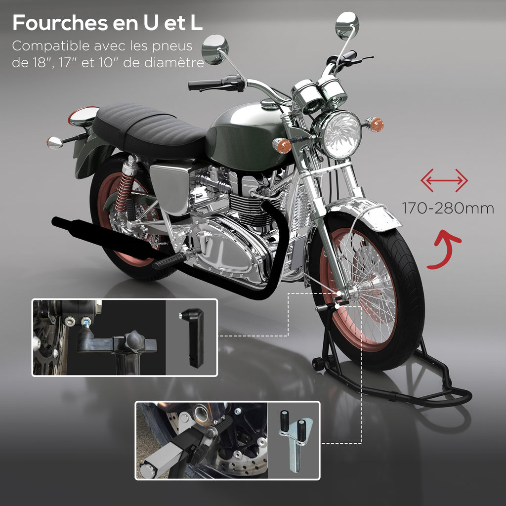 Support pour moto, béquille avant pour moto avec goupille réglable et adaptateurs pour bras oscillant, noir-3