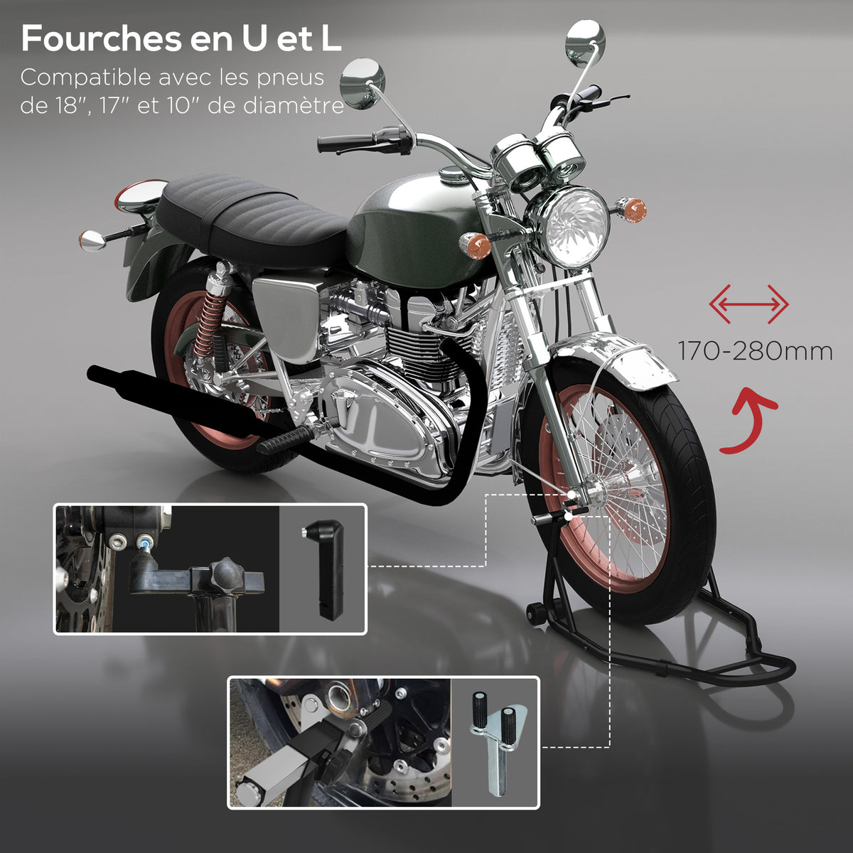 Support pour moto, béquille avant pour moto avec goupille réglable et adaptateurs pour bras oscillant, noir-3