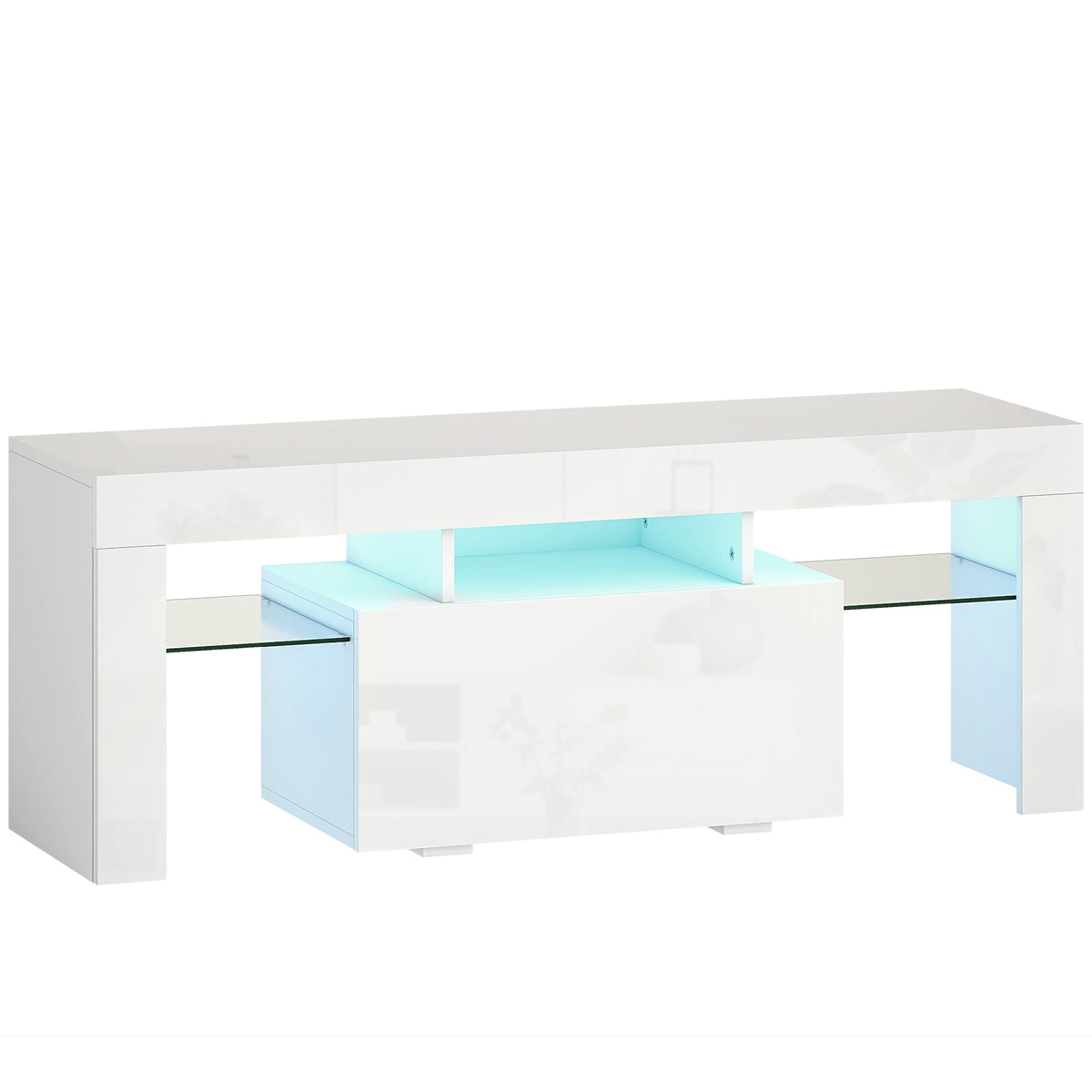 Meuble TV, meuble télé avec éclairage LED RGB, haute brillance, étagères en verre trempé, 120x34x45cm, blanc-0
