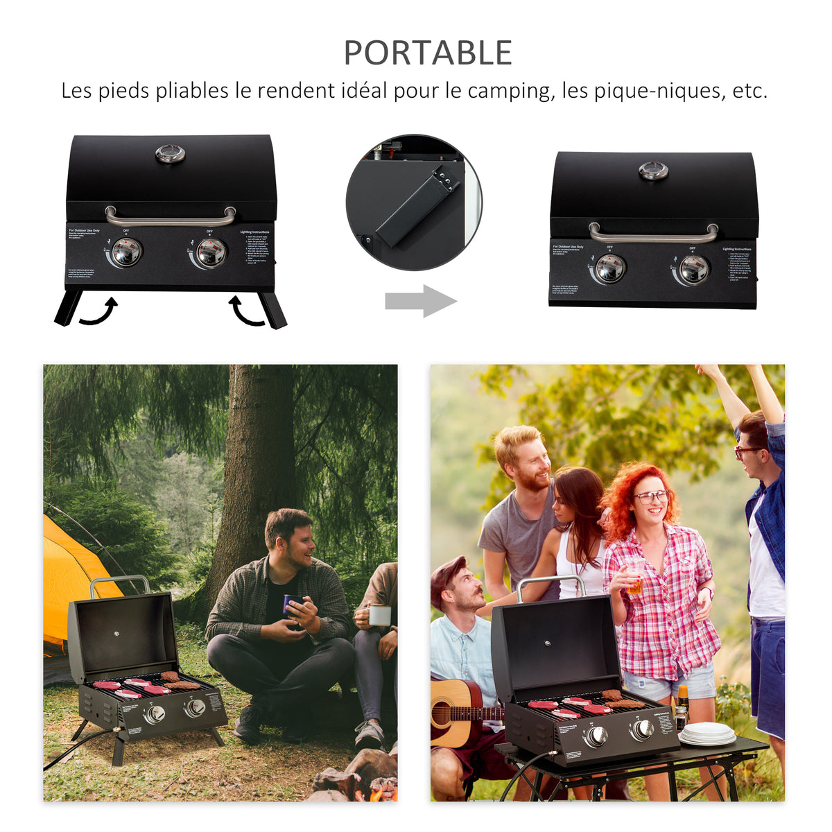 Barbecue gaz de Table transportable Pieds Pliables - 2 brûleurs 5 KW - Barbecue gaz de Camping - Grille de-4