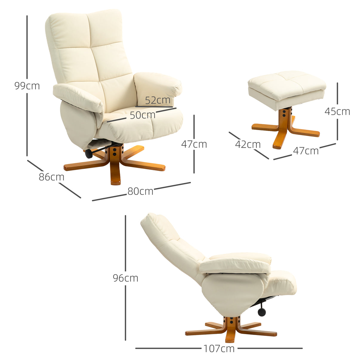 Fauteuil relax avec repose-pied, fauteuil de relaxation, pivotant à 360°, dossier inclinable, 80 x 86 x 99 cm, crème-2