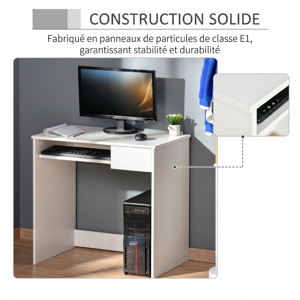Bureau d'Ordinateur, 80 x 45 x 75 cm, Bureau avec Rangement, Plateau pour Clavier et Tiroir, Blanc-4