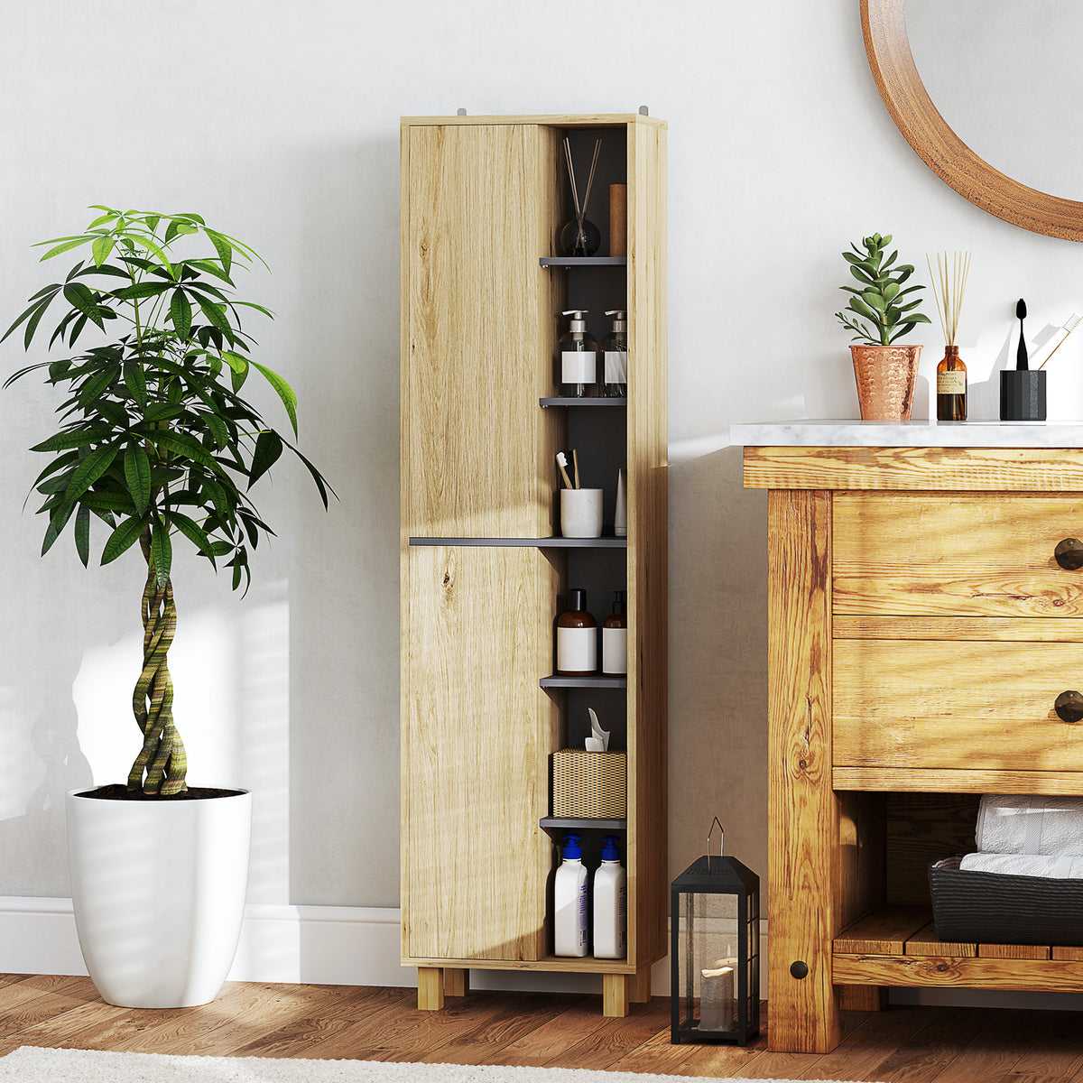 Meuble colonne salle de bain, armoire de salle de bain avec 6 compartiments ouverts et 2 placards, bois naturel-1