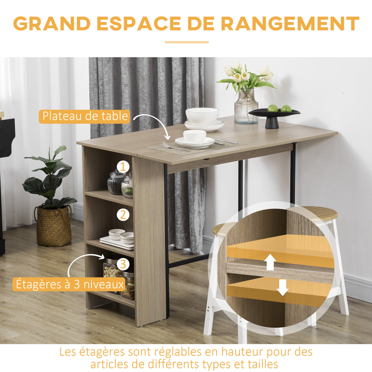Ilot centra table de bar plateau latéral  rabattable et 3 étagères 120 x 76 x 91,4 cm gris clair-4