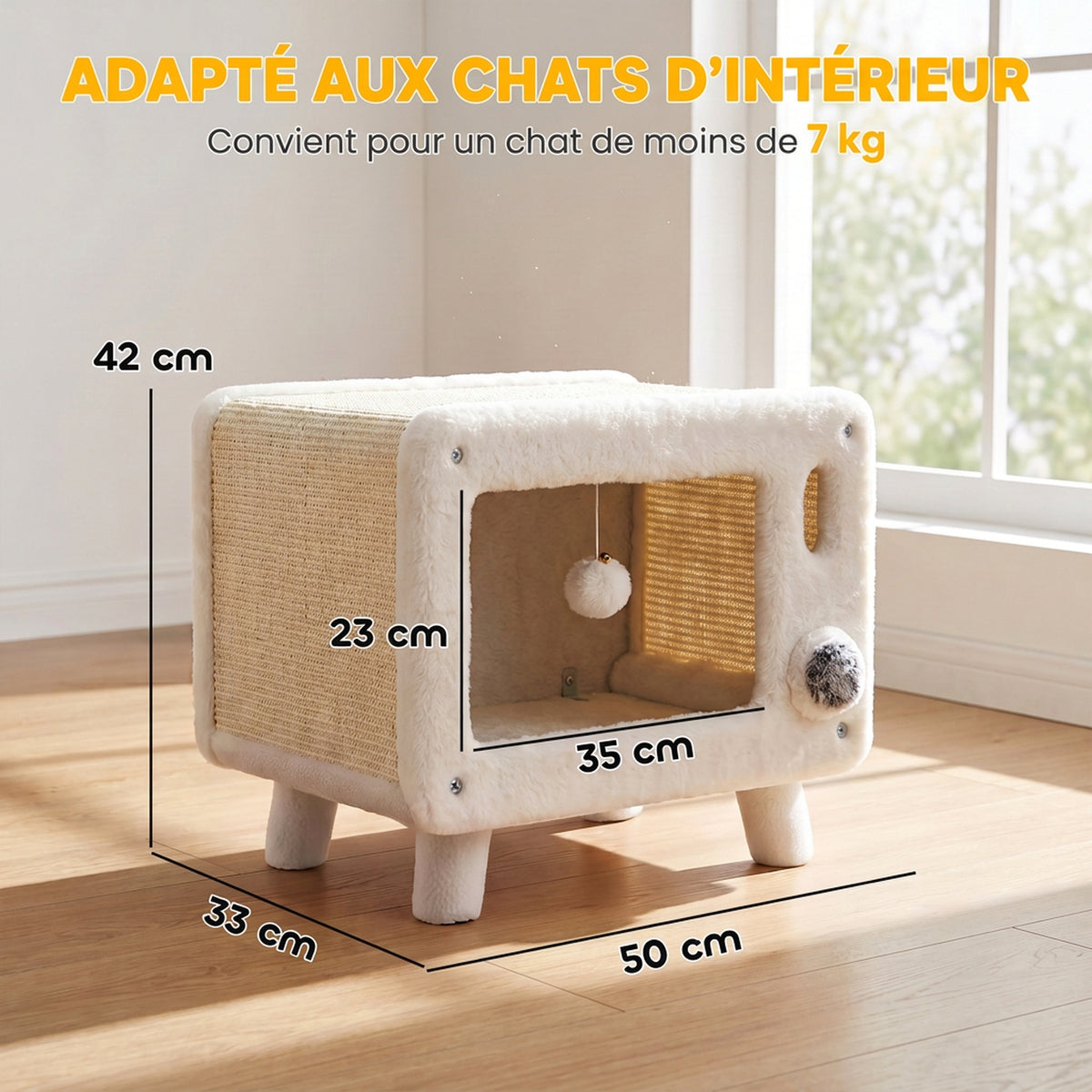 Maison pour Chat Niche pour Chat Intérieure en Forme de Télévision Tapis en Sisal et Balle Suspendue 50x33x42cm Blanc-2