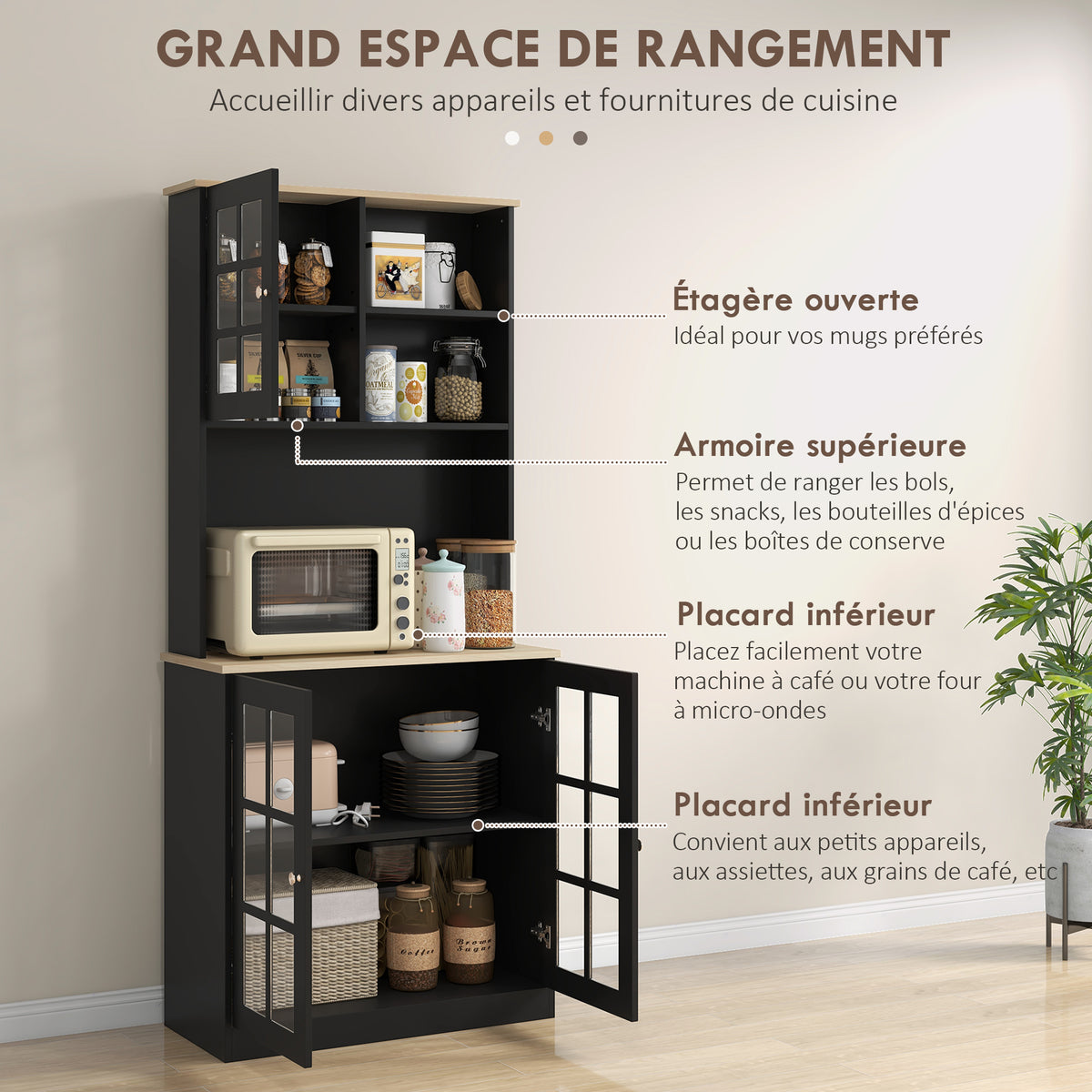Buffet cuisine, meuble cuisine rangement haut, meuble de rangement avec plan de travail, 3 portes vitrées, 2-3