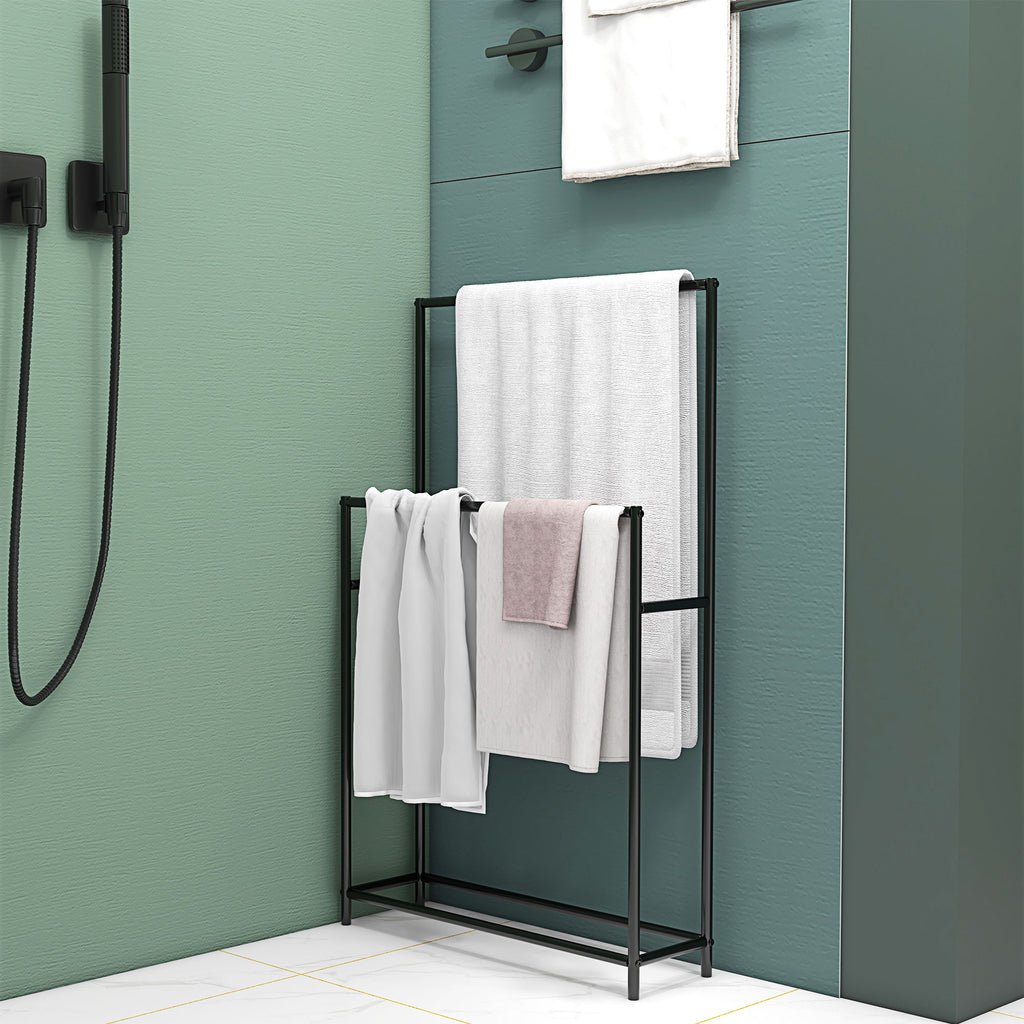 Porte serviettes sur pied sèche serviette 2 niveaux en métal pour la salle de bain, dim. 66l x 20P x 110H cm, noir-5