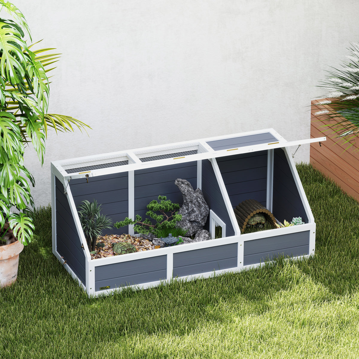 Maison enclos cage pour petit animal tortue en bois avec couvercle ouvrable, loquets, 2 espaces distincts, gris-1