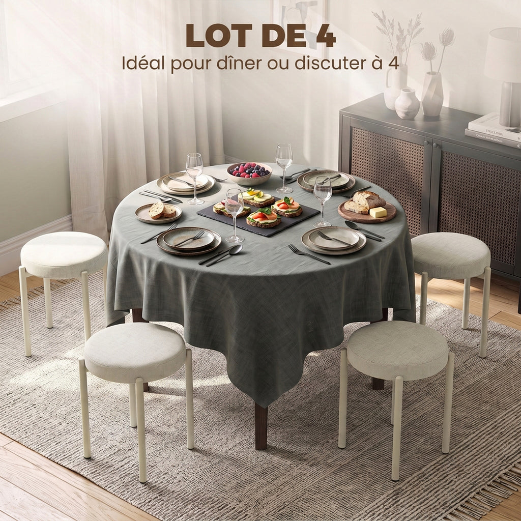 Lot de 4 Tabourets Empilables Ronds avec Assise Rembourrée, sans Dossier, Gain de Place, 45 x 45 x 47,5 cm, Crème-3