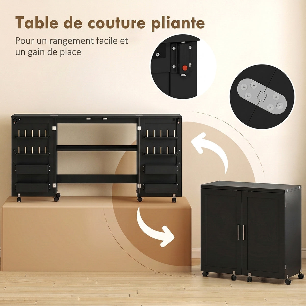 Table de couture pliante, meuble couture à roulettes, 2 portes magnétiques, 4 bacs, 20 crochets, 160x40x83cm, noir-4
