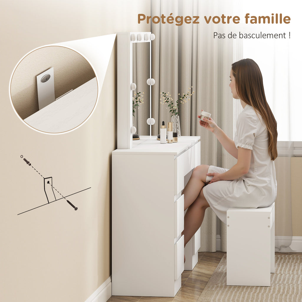 Coiffeuse avec miroir et tabouret table de maquillage avec miroir LED tabouret rembourré 7 tiroirs 110x39,5x140cm blanc-6