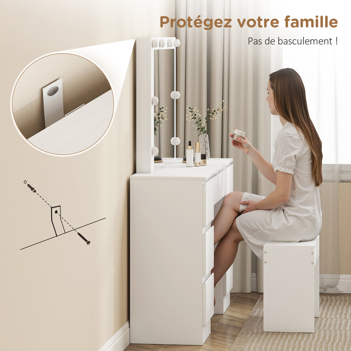 Coiffeuse avec miroir et tabouret table de maquillage avec miroir LED tabouret rembourré 7 tiroirs 110x39,5x140cm blanc-6