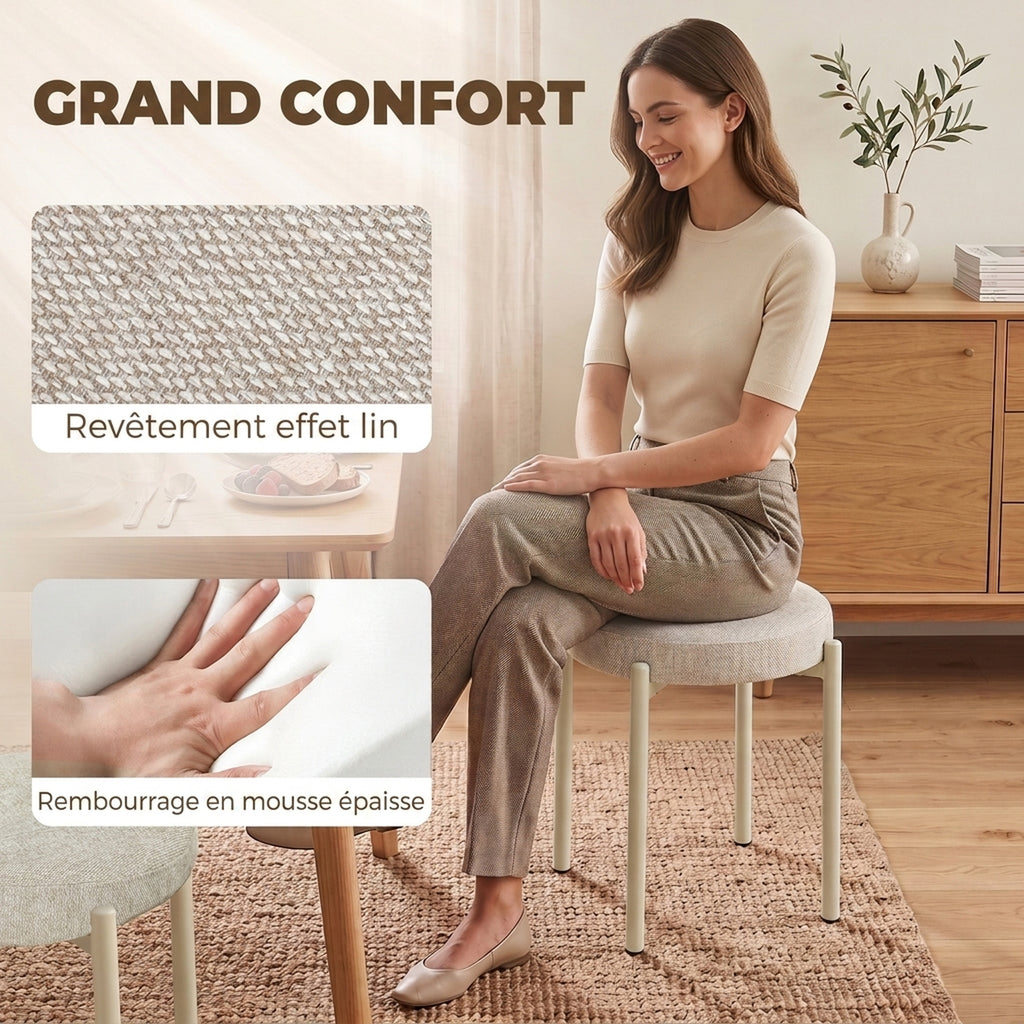 Lot de 4 Tabourets Empilables Ronds avec Assise Rembourrée, sans Dossier, Gain de Place, 45 x 45 x 47,5 cm, Crème-4