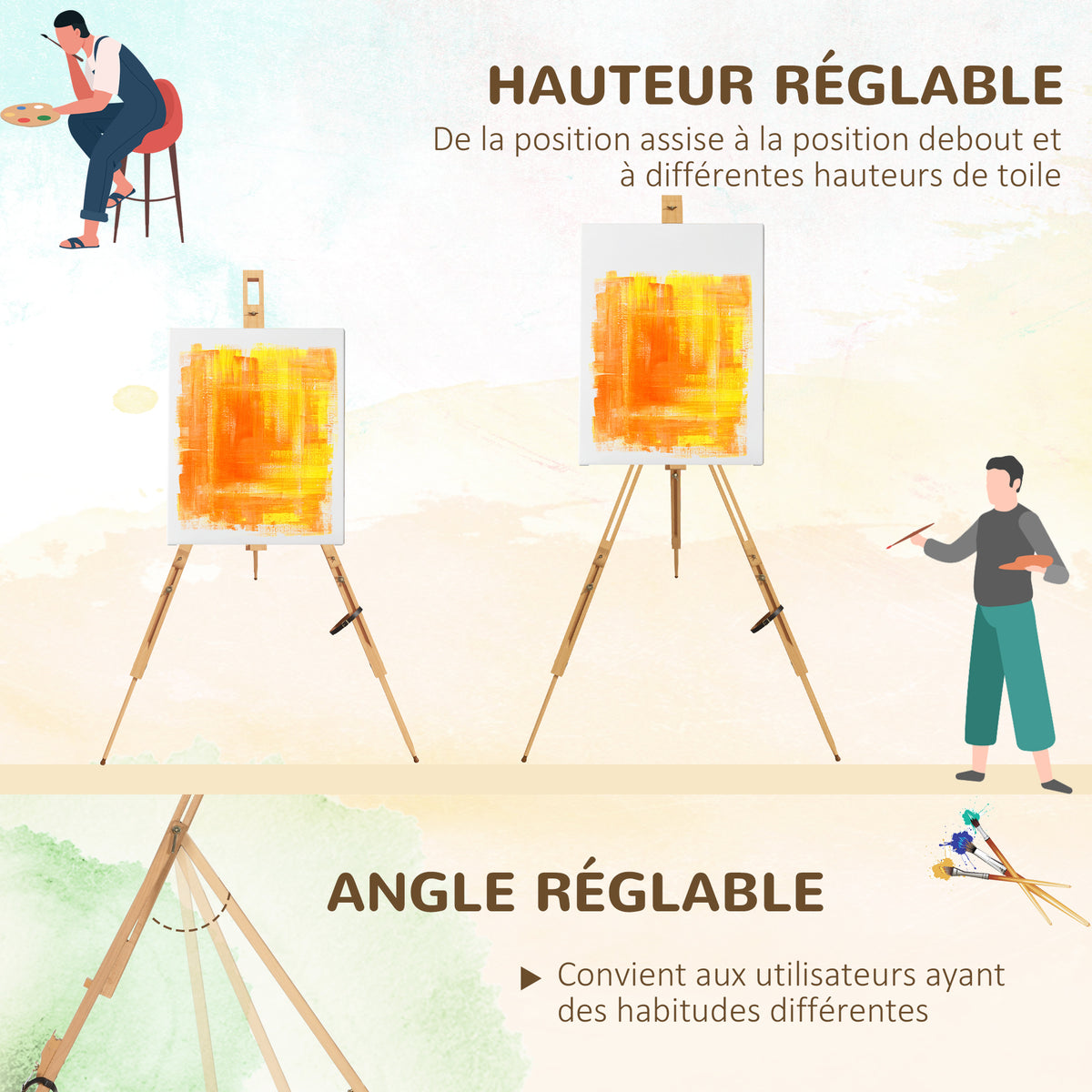 Chevalet d'artiste en bois sur pieds pliable portable supporte des toiles jusqu'à 66/107 cm bois naturel-3