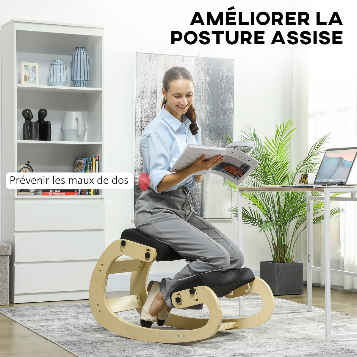Siège assis genoux, siège ergonomique en bois avec fonction à bascule, chaise à genoux réglable pour bureau à domicile-3