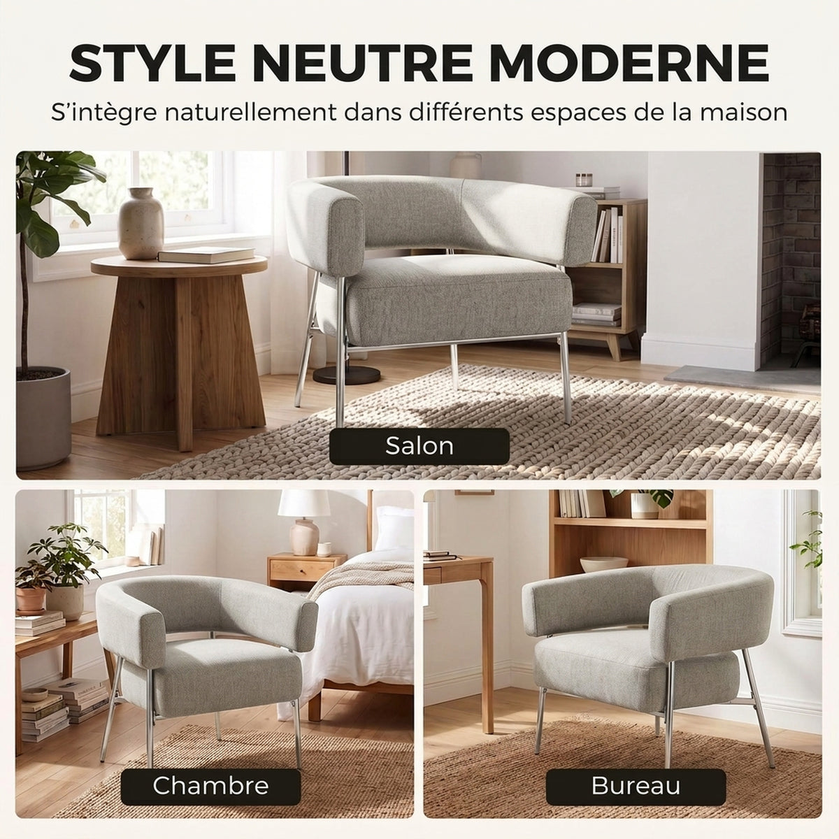 Fauteuil Salon, Fauteuil d'Appoint Rembourré en Tissu Aspect Lin, Dossier Incurvé et Accoudoirs, Style Moderne, Marron-3
