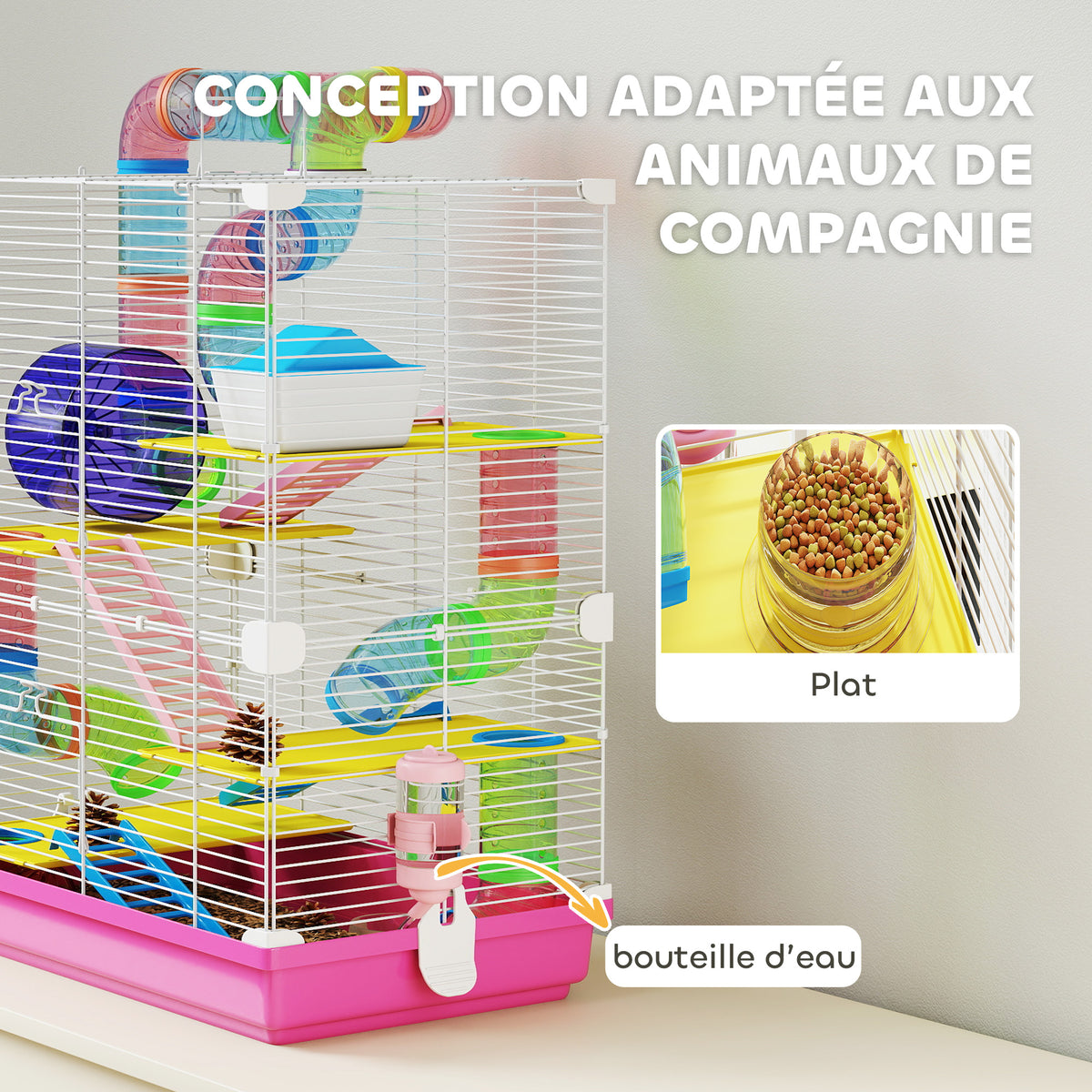 Cage pour Hamster Rongeur 5 Étages avec Tunnels, Mangeoire, Roue, Maison, Échelles, 46 x 30 x 58 cm, Rose-4