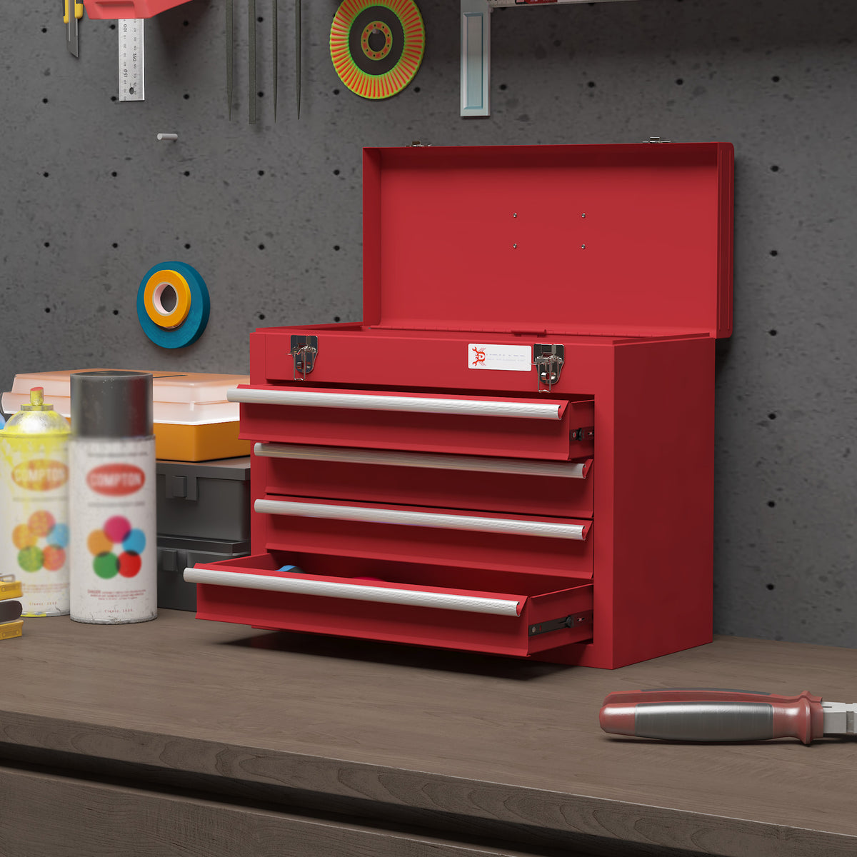 Boite à outils métallique coffret à outils caisse à outils 4 tiroirs + plateau tôle acier 51 x 22 x 39,5 cm rouge-6