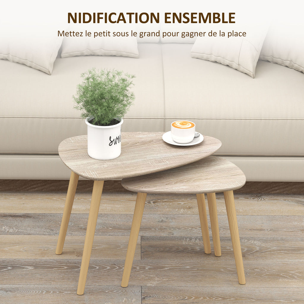 Lot de 2 tables basses gigognes design scandinave pieds en bois et plateau en bois, aspect naturel-3
